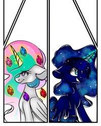 Size: 1080x1350 | Tagged: safe, alternate version, artist:tessa_key_, princess celestia, princess luna, alicorn, pony, g4, bust, colored, crystal, duo, ethereal mane, eyelashes, female, galaxy mane, glowing horn, grin, horn, mare, siblings, simple background, sisters, smiling, white background, wings