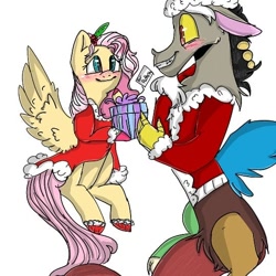 Size: 540x540 | Tagged: safe, artist:cocolove2176, discord, fluttershy, draconequus, pegasus, pony, g4, arm behind head, blushing, clothes, female, flower, flower in hair, flying, grin, holly, male, mare, present, ship:discoshy, shipping, simple background, smiling, straight, white background
