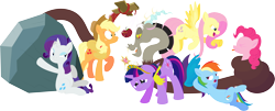 Size: 9827x3983 | Tagged: safe, alternate version, artist:alexdti, applejack, discord, fluttershy, pinkie pie, rainbow dash, rarity, tom, twilight sparkle, draconequus, earth pony, pegasus, pony, unicorn, g4, season 2, the return of harmony, angry, apple, applejack's hat, big crown thingy, cowboy hat, crying, discorded, element of magic, female, floppy ears, food, hat, jewelry, male, mane six, mare, open mouth, pointing, raspberry noise, regalia, rock, rude, sad, simple background, sitting, teary eyes, tongue out, transparent background, unicorn twilight, vector