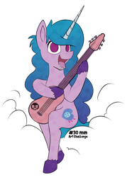 Size: 4160x5816 | Tagged: safe, artist:calena, izzy moonbow, pony, unicorn, g5, 30 minute art challenge, absurd resolution, cloud, cute, female, guitar, izzybetes, looking at you, mare, musical instrument, open mouth, playing, simple background, sitting, solo, teeth, text, tongue out, unshorn fetlocks, white background