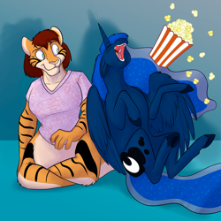 Size: 1000x1000 | Tagged: safe, artist:foxenawolf, princess luna, oc, oc:chakat tigerbright, alicorn, chakat, original species, pony, taur, fanfic:foreign affairs, g4, breasts, clothes, duo, fanfic art, food, laughing, popcorn, unshorn fetlocks