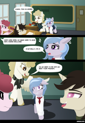Size: 2533x3648 | Tagged: safe, artist:andaluce, oc, oc only, oc:winter azure, earth pony, pegasus, pony, unicorn, 3 panel comic, awkward, braces, clothes, colt, comic, crossdressing, cute, earth pony oc, eyelashes, female, filly, gender confusion, girly, heart eyes, high res, male, mare, mistaken gender, ocbetes, school, school uniform, skirt, speech bubble, trap, wingding eyes