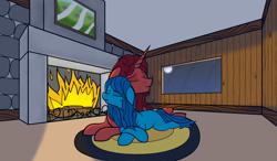 Size: 3639x2129 | Tagged: safe, artist:justapone, oc, oc:blossom oak, oc:frolic rune, earth pony, pony, unicorn, blue coat, blue mane, carpet, colored, couple, cuddling, cute, earth pony oc, eyes closed, female, fireplace, high res, horn, indoors, lying down, male, mat, moon, night, night sky, painting, practice drawing, red coat, red mane, scenery, shading, shading practice, sky, smiling, stars, unicorn oc, window