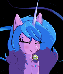 Size: 1440x1680 | Tagged: safe, artist:superhypersonic2000, izzy moonbow, pony, unicorn, g5, blushing, chest fluff, eyes closed, female, izzy's tennis ball, smiling, solo, tennis ball, unshorn fetlocks