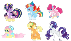 Size: 1540x908 | Tagged: safe, artist:tragedy-kaz, applejack, fluttershy, pinkie pie, rainbow dash, rarity, twilight sparkle, alicorn, earth pony, pegasus, pony, unicorn, g4, applejack's hat, bow, colored hooves, colored wings, cowboy hat, ethereal mane, glasses, gradient hooves, hair bow, hat, mane six, missing cutie mark, multicolored hooves, multicolored wings, ponytail, rainbow wings, raised hoof, redesign, scar, starry mane, starry wings, twilight sparkle (alicorn), wings