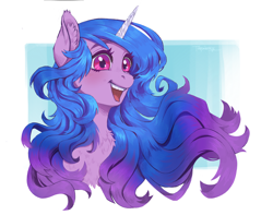Size: 4250x3356 | Tagged: safe, artist:taytinabelle, izzy moonbow, pony, unicorn, g5, bust, chest fluff, ear fluff, female, happy, looking at something, mare, open mouth, simple background, smiling, solo