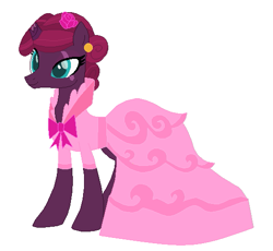 Size: 539x495 | Tagged: safe, artist:glittertiara, artist:selenaede, fizzlepop berrytwist, tempest shadow, pony, unicorn, g4, alternate hairstyle, base used, broken horn, clothes, dress, ear piercing, earring, female, horn, jewelry, mare, piercing, pink dress, pretty pretty tempest, scar, simple background, solo, white background