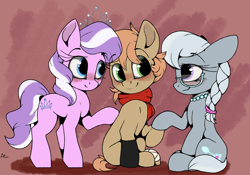 Size: 2983x2086 | Tagged: safe, artist:luxsimx, diamond tiara, silver spoon, oc, oc:himmel, earth pony, pony, g4, clothes, colt, female, filly, high res, male, scarf, trio