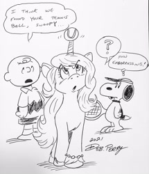 Size: 2406x2798 | Tagged: safe, artist:debmervin, izzy moonbow, dog, human, pony, unicorn, g5, ball, charlie brown, crossover, female, high res, horn, horn guard, horn impalement, hornball, izzy's tennis ball, male, mare, peanuts, snoopy, tennis ball