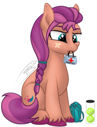 Size: 1088x1425 | Tagged: safe, artist:soctavia, sunny starscout, earth pony, pony, g5, annoyed, bag, bandaid, female, mare, satchel, simple background, sitting, solo, sunny's bag, tennis ball, transparent background