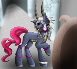 Size: 1725x1548 | Tagged: safe, artist:loves-to-derp, oc, oc only, demon, demon pony, pony, female, horns, indoors, mare, raised hoof, solo
