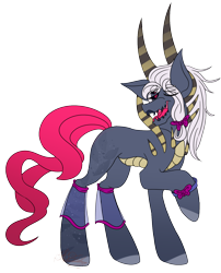 Size: 1250x1548 | Tagged: dead source, safe, alternate version, artist:loves-to-derp, oc, oc only, demon, demon pony, pony, background removed, colored hooves, female, horns, mare, raised hoof, solo