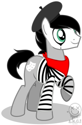 Size: 1004x1532 | Tagged: safe, artist:amgiwolf, oc, oc only, earth pony, pony, beret, clothes, earth pony oc, face paint, hat, male, mime, neckerchief, raised hoof, simple background, smiling, solo, stallion, transparent background