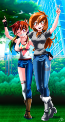 Size: 1917x3609 | Tagged: safe, alternate version, artist:mauroz, rainbow dash, oc, oc:kayla goldenwing, human, g4, anime, clothes, commission, denim, duo, female, grass, hand on hip, humanized, jeans, one eye closed, outdoors, pants, smiling, standing, wink