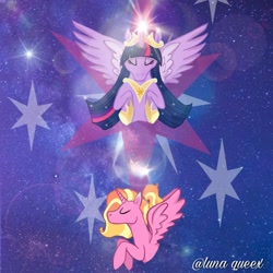 Size: 1080x1080 | Tagged: safe, artist:luna.queex, luster dawn, twilight sparkle, alicorn, pony, g4, the last problem, alicornified, bust, duo, ethereal mane, eyes closed, female, horn, lustercorn, mare, older, older twilight, older twilight sparkle (alicorn), princess twilight 2.0, race swap, starry mane, stars, twilight sparkle (alicorn), wings