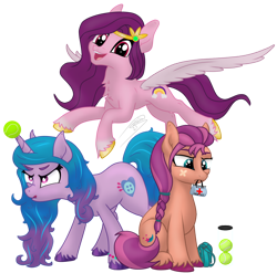 Size: 2538x2508 | Tagged: safe, artist:soctavia, izzy moonbow, pipp petals, sunny starscout, earth pony, pegasus, pony, unicorn, g5, my little pony: a new generation, annoyed, bag, ball, concave belly, female, flying, happy, high res, horn, horn guard, horn impalement, hornball, izzy's tennis ball, jewelry, mare, mouth hold, open mouth, physique difference, red eyes, red-eyed pipp, satchel, scowl, simple background, sitting, skinny pipp, slender, sunny's bag, tennis ball, thin, tiara, tongue out, transparent background, trio, trio female