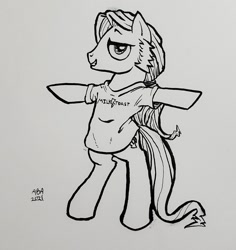 Size: 1134x1200 | Tagged: safe, artist:abronyaccount, pony, bipedal, black and white, clothes, cocked eyebrow, grayscale, ink, ink drawing, male, monochrome, ponytail, pun, shirt, sideburns, smiling, solo, stallion, standing on two hooves, t-shirt, traditional art