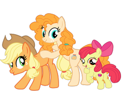 Size: 1570x1168 | Tagged: safe, artist:gmaplay, apple bloom, applejack, pear butter, earth pony, pony, g4, apple family member, applejack's hat, bloom butt, bow, butt, butt touch, cowboy hat, female, hat, hoof on butt, open mouth, plot, simple background, transparent background, trio, trio female, vector