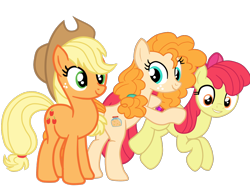 Size: 1570x1168 | Tagged: safe, artist:gmaplay, apple bloom, applejack, pear butter, earth pony, pony, g4, growing up is hard to do, applejack's hat, bow, butt, cowboy hat, female, hat, older, older apple bloom, plot, simple background, transparent background, trio, trio female, vector