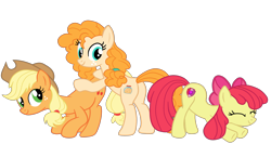Size: 2192x1168 | Tagged: safe, artist:gmaplay, apple bloom, applejack, pear butter, earth pony, pony, g4, applejack's hat, bloom butt, bow, butt, butt touch, cowboy hat, eyes closed, female, hat, hoof on butt, pear butt, plot, simple background, stretching, transparent background, trio, trio female