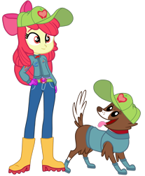 Size: 1942x2348 | Tagged: safe, artist:gmaplay, apple bloom, winona, dog, equestria girls, g4, boots, bow, cap, clothes, duo, duo female, energy drink, female, grid girl, hand on hip, hat, open mouth, race, racing, racing girl, racing suit, red bull, shoes, simple background, tongue out, transparent background, vector