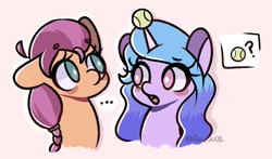 Size: 680x401 | Tagged: safe, artist:goyini01, izzy moonbow, sunny starscout, earth pony, pony, unicorn, g5, ..., ball, braid, female, floppy ears, horn, horn guard, horn impalement, hornball, izzy's tennis ball, looking at each other, mare, open mouth, question mark, simple background, tennis ball