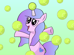 Size: 1280x960 | Tagged: safe, artist:greenhoof, izzy moonbow, pony, unicorn, g5, apple rain, ball, female, horn, horn guard, horn impalement, hornball, izzy's tennis ball, majestic as fuck, mare, solo, starry eyes, tennis ball, that pony sure does love tennis balls, vector, wingding eyes