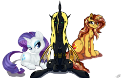Size: 2074x1329 | Tagged: safe, artist:lupiarts, artist:missbramblemele, artist:mixdaponies, queen chrysalis, rarity, sunset shimmer, changeling, changeling queen, pony, unicorn, g4, bacon, bacon hair, cheese, collaboration, female, food, marshmallow, meat, queen swissalis, rarity is a marshmallow, swiss cheese, yellow changeling