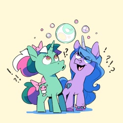 Size: 1656x1656 | Tagged: safe, artist:kyssimmee, fizzy, izzy moonbow, pony, twinkle eyed pony, unicorn, g1, g5, bow, bubble, exclamation point, female, hair bow, look up, looking up, open mouth, question mark, simple background, tail bow, white background