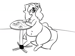 Size: 1400x1050 | Tagged: safe, artist:boilingtrees, oc, oc only, oc:pencil test, earth pony, pony, belly, belly button, big belly, burger, fat, female, food, gift art, grayscale, monochrome, sitting, solo, table, wide hips