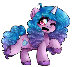 Size: 1896x1776 | Tagged: safe, artist:bl--blacklight, izzy moonbow, pony, unicorn, g5, chibi, female, looking at you, one eye closed, open mouth, raised hoof, simple background, solo, transparent background, unshorn fetlocks, wink