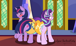 Size: 1280x771 | Tagged: safe, artist:small-brooke1998, starlight glimmer, twilight sparkle, alicorn, pony, unicorn, g4, blushing, butt bump, cutie mark diapers, diaper, diaper fetish, duo, duo female, female, fetish, implied flash sentry, implied flashlight, implied shipping, implied starburst, implied straight, implied sunburst, looking back, non-baby in diaper, poofy diaper, raised hoof, twilight sparkle (alicorn), twilight's castle, underhoof