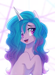Size: 1398x1900 | Tagged: safe, artist:maybeweed, izzy moonbow, pony, unicorn, g5, cute, female, izzybetes, mare, open mouth, raised hoof, solo