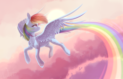 Size: 2950x1900 | Tagged: safe, artist:maybeweed, rainbow dash, pegasus, pony, g4, chest fluff, cloud, female, flying, high res, looking back, mare, rainbow, sky, smiling, solo, spread wings, wings