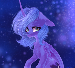 Size: 2097x1910 | Tagged: safe, artist:maybeweed, princess luna, alicorn, pony, g4, chest fluff, female, floppy ears, mare, s1 luna, solo, starry background