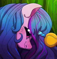 Size: 712x740 | Tagged: safe, artist:mintiet, izzy moonbow, pony, unicorn, g5, ball, bust, female, horn, horn guard, horn impalement, hornball, izzy's tennis ball, looking at you, mare, portrait, smiling, solo, tennis ball