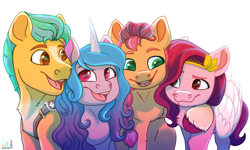 Size: 4000x2400 | Tagged: safe, artist:glitterstar2000, hitch trailblazer, izzy moonbow, pipp petals, sunny starscout, earth pony, pegasus, pony, unicorn, g5, adorapipp, cute, female, high res, hug, looking at each other, male, mare, open mouth, red eyes, red-eyed pipp, simple background, stallion, unshorn fetlocks, white background