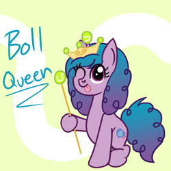 Size: 1200x1200 | Tagged: safe, artist:dafiltafish, izzy moonbow, pony, unicorn, g5, abstract background, ball, boll, crown, cute, female, horn, horn guard, horn impalement, hornball, izzy's tennis ball, izzybetes, jewelry, looking at you, one eye closed, regalia, simple background, solo, tennis ball, text, that pony sure does love tennis balls, tongue out, wink, yellow background