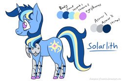 Size: 1800x1200 | Tagged: safe, artist:champion-of-namira, oc, oc only, oc:solarlith, pony, unicorn, armor, female, mare, reference sheet, simple background, solo, white background