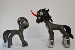 Size: 1024x681 | Tagged: safe, artist:crosslineanimator, king sombra, marble pie, g4, clay, figure, looking at each other, marblesombra, plasticine, shipping