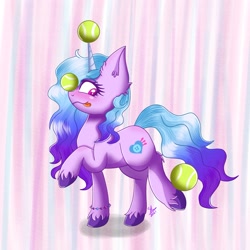 Size: 2297x2297 | Tagged: safe, artist:galaxy swirl, izzy moonbow, pony, unicorn, g5, balancing, ball, blushing, ear fluff, female, high res, horn, hornball, izzy's tennis ball, looking back, mare, ponies balancing stuff on their nose, raised hoof, solo, tennis ball, that pony sure does love tennis balls, tongue out, unshorn fetlocks