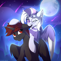 Size: 2634x2616 | Tagged: safe, artist:strafe blitz, oc, oc only, oc:fisa, oc:hardy, alicorn, pegasus, pony, alicorn oc, biting, cel shading, concave belly, cute, duo, ear bite, high res, horn, moon, night, ocbetes, red and black oc, shading, slender, thin, wings