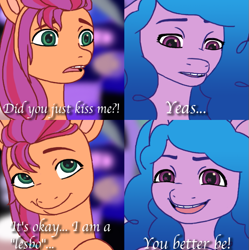 Size: 735x738 | Tagged: safe, artist:princesspeach5, izzy moonbow, sunny starscout, earth pony, pony, unicorn, g5, comic, dialogue, female, lesbian, mare, meme, open mouth, ponified meme, ship:moonscout, shipping, smiling, text
