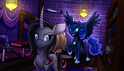 Size: 2800x1600 | Tagged: safe, artist:supersaiyand, artist:thescornfulreptilian, oleander (tfh), princess luna, alicorn, classical unicorn, pony, unicorn, fanfic:break the walls down, them's fightin' herds, g4, bag of holding, book, bookshelf, cloven hooves, community related, crossover, crystal ball, fanfic art, horn, leonine tail, story included, sword, unicornomicon, unshorn fetlocks, wand, weapon