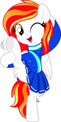 Size: 2498x5000 | Tagged: safe, artist:jhayarr23, oc, oc only, oc:diamond sun, pegasus, pony, bipedal, cheerleader, cheerleader outfit, clothes, commission, female, flexing, holding leg, mare, one eye closed, open mouth, simple background, skirt, solo, standing, standing on one leg, transparent background, wink, ych result