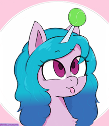 Size: 3500x4039 | Tagged: safe, artist:endo, izzy moonbow, pony, unicorn, g5, ball, bust, chest fluff, female, high res, horn, horn guard, horn impalement, hornball, izzy's tennis ball, mare, portrait, simple background, solo, tennis ball, tongue out