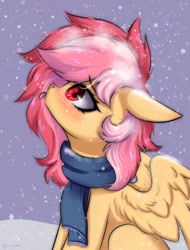 Size: 700x922 | Tagged: safe, artist:mysha, oc, oc only, oc:cotton seams, pegasus, pony, clothes, female, looking up, mare, pegasus oc, scarf, simple background, sitting, snow, snowfall, solo, tongue out, wings