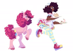 Size: 2048x1428 | Tagged: safe, artist:vivianaruyz, pinkie pie, earth pony, human, pony, g4, cake, clothes, dark skin, food, human ponidox, humanized, running, self ponidox, socks, striped socks, tongue out, unshorn fetlocks