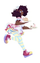 Size: 1285x2000 | Tagged: safe, artist:vivianaruyz, pinkie pie, human, g4, cake, clothes, dark skin, female, food, human coloration, humanized, natural hair color, open mouth, running, simple background, socks, solo, striped socks, white background