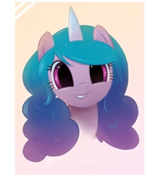 Size: 1096x1200 | Tagged: safe, alternate version, artist:fladdrarblyg, izzy moonbow, pony, unicorn, g5, abstract background, bust, cute, female, grin, happy, izzybetes, looking at you, mare, portrait, smiling, solo, teeth